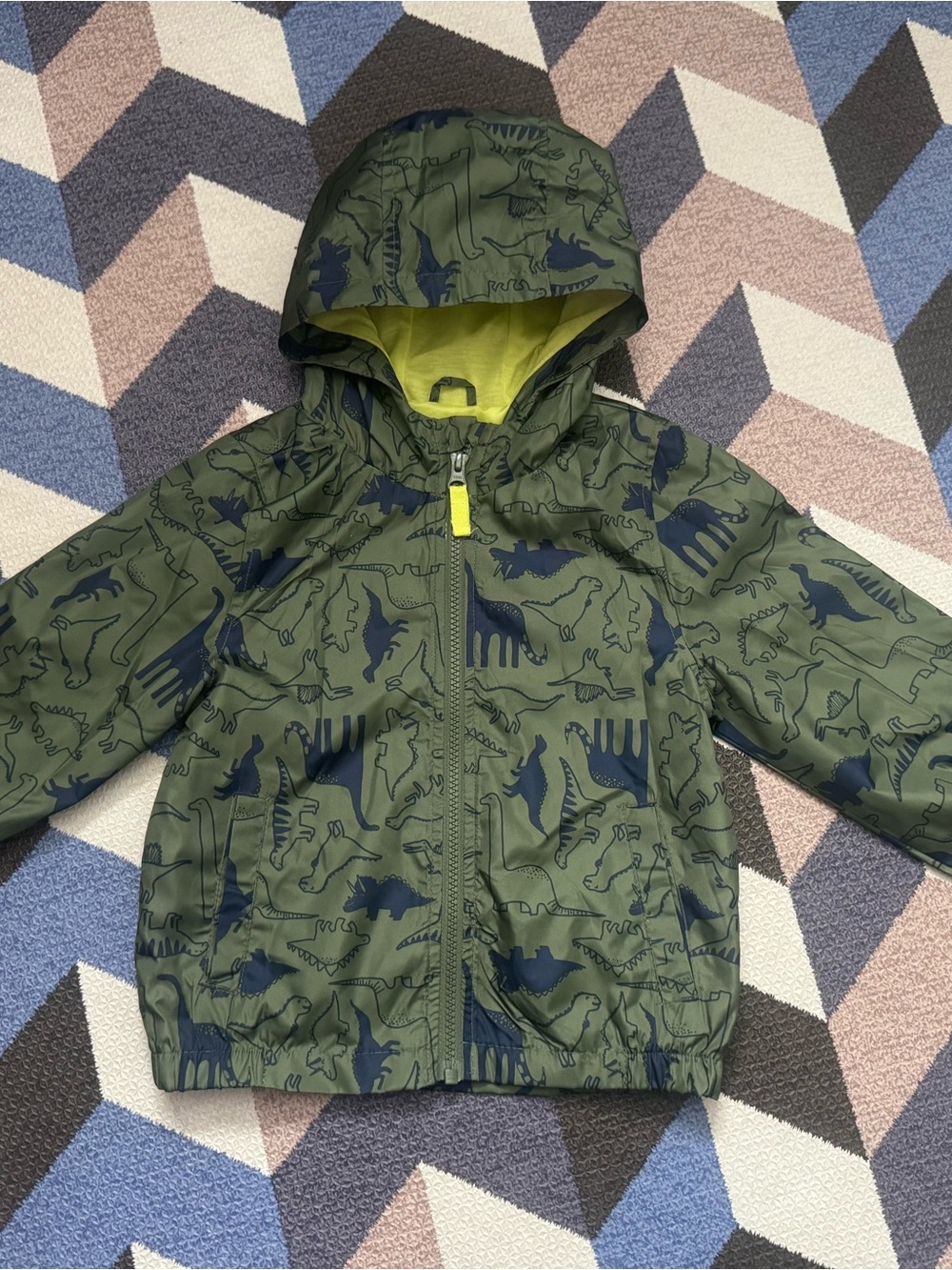 Carter's Olive Green Dinosaur Hooded Jacket with Neon Yellow Lining